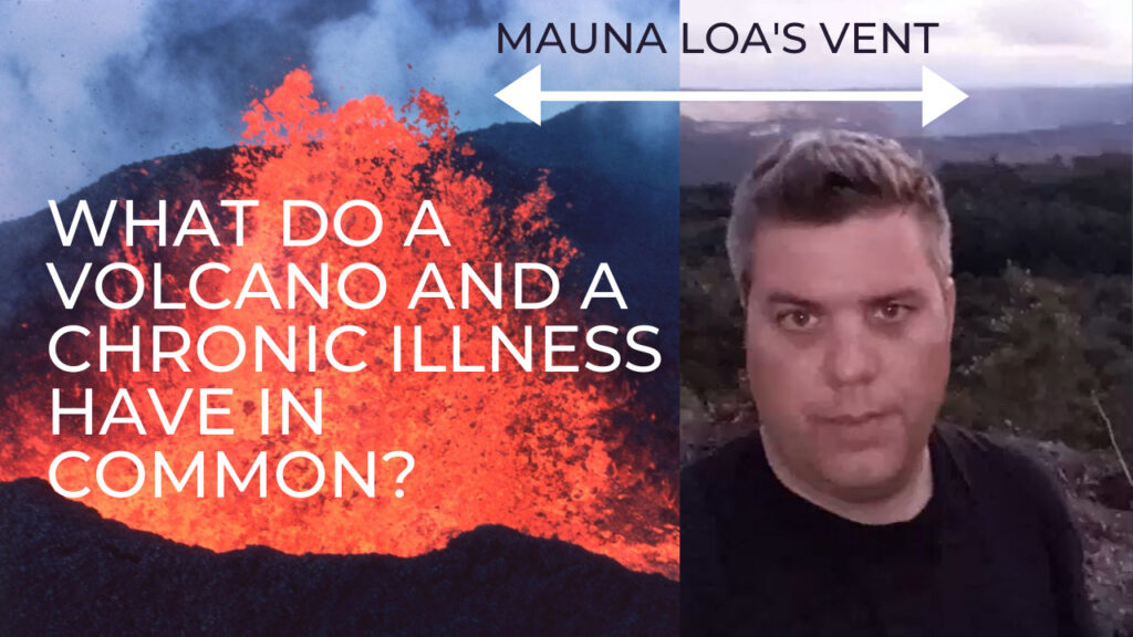 The left is the Mauna Loa volcano erupting and the right is Matt at the Mauna Loa while it is calm.